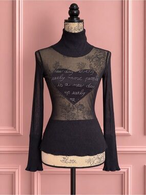 Y2K Black Sheer Turtleneck Mesh Top with Heart Script Detail Size S/M